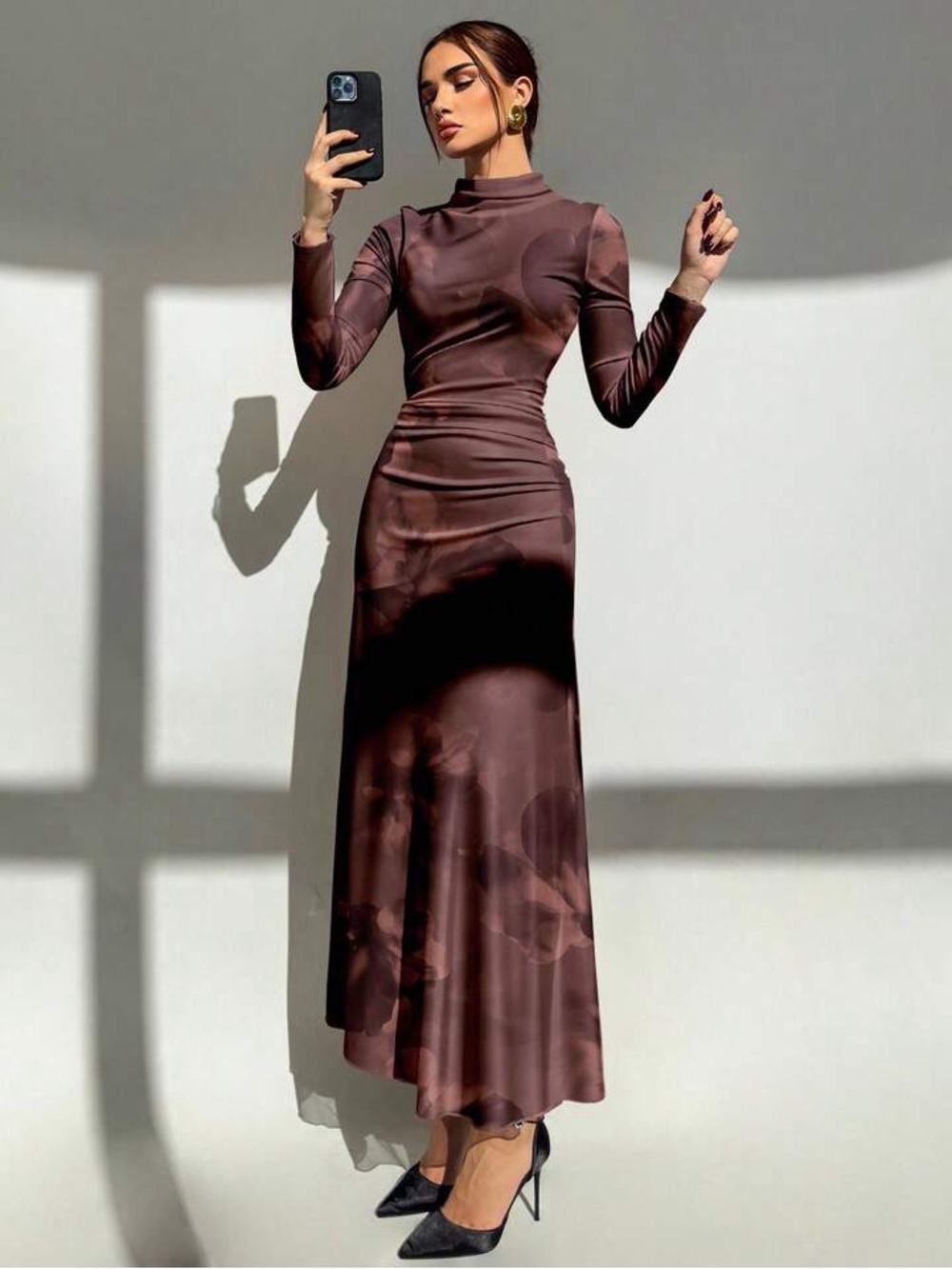 SHEIN Brown Floral Mock Neck Ruched Long Sleeve Maxi Dress Size S